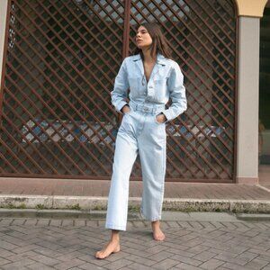 Zara Z1975 long‑sleeve denim jumpsuit light blue | Size XS | 100% Cotton